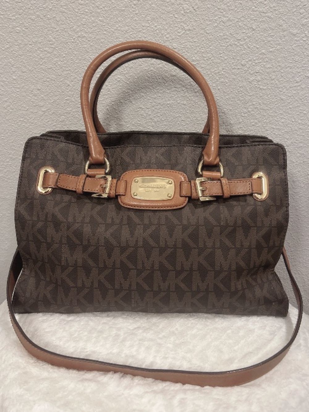 Michael Kors Brown Monogram Signature Satchel with Tan Trim & Crossbody Strap